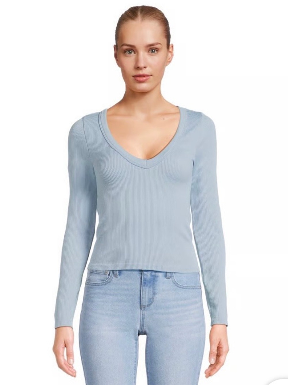NEW No Boundaries Light Blue V-Neck Ribbed Long Sleeve Top